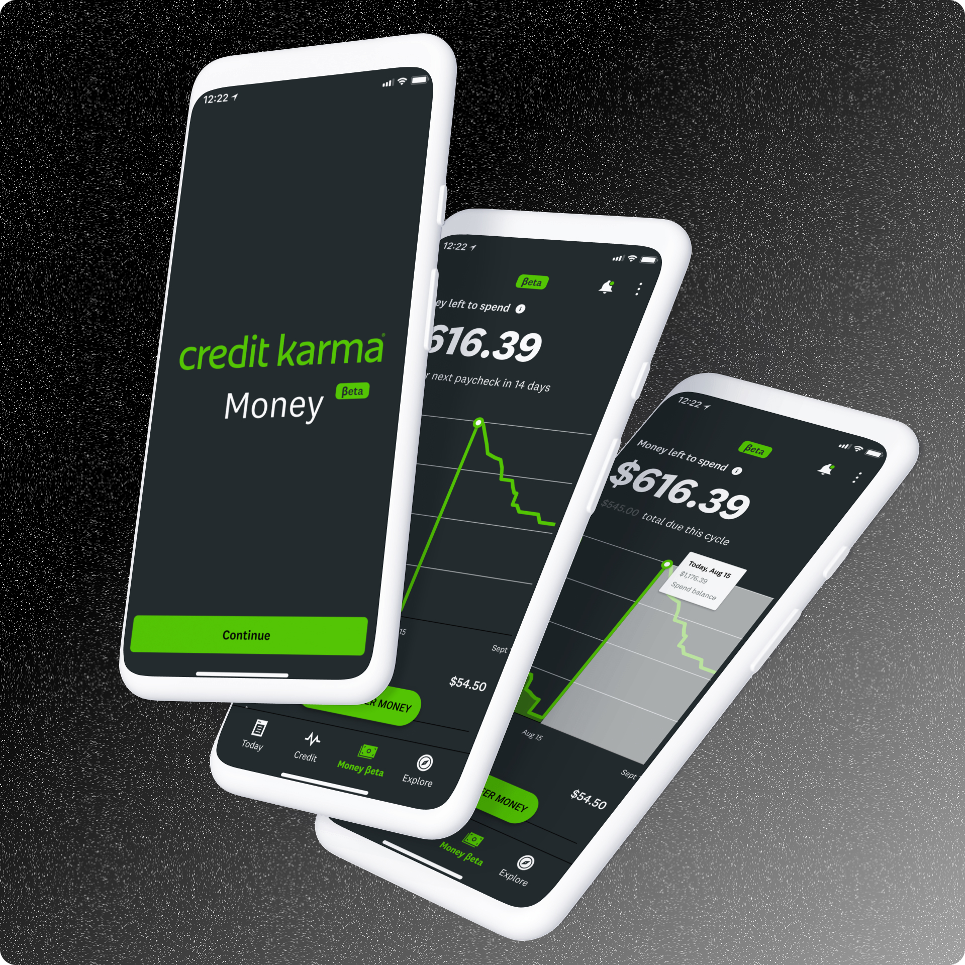 A photo of 3 mocks from the Beta prototype. One shows the splash screen welcoming a user to Credit Karma Money Beta, the others show different interactive states of the Homepage